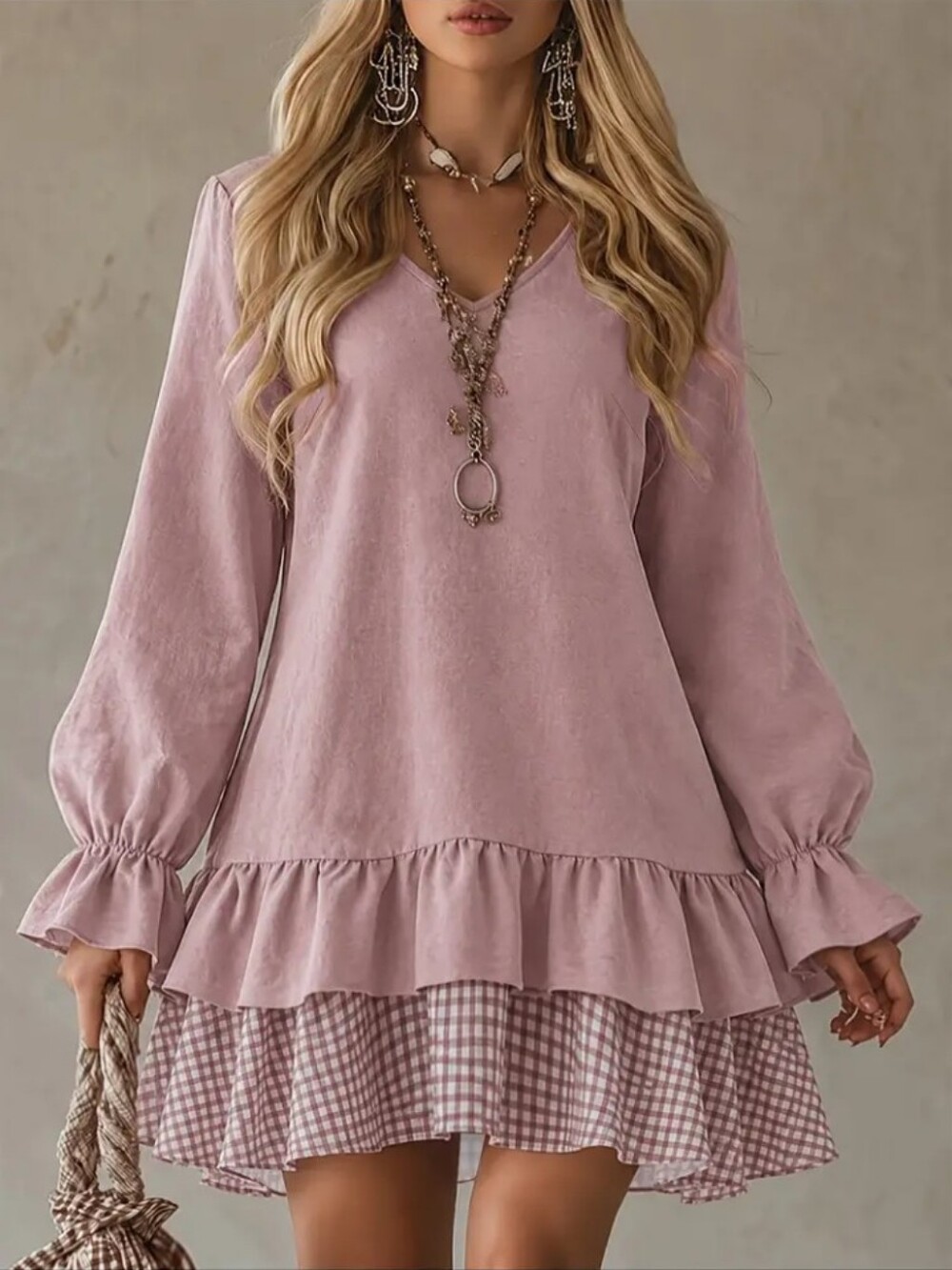 Women's Gentle French-Style Plaid Print Patchwork Mini Shirt Dress with Lantern